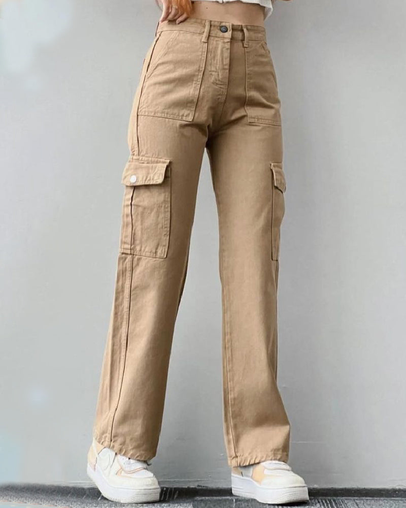 Pantalones vaqueros cargo rectos de talle medio para mujer, pantalones casuales con múltiples bolsillos