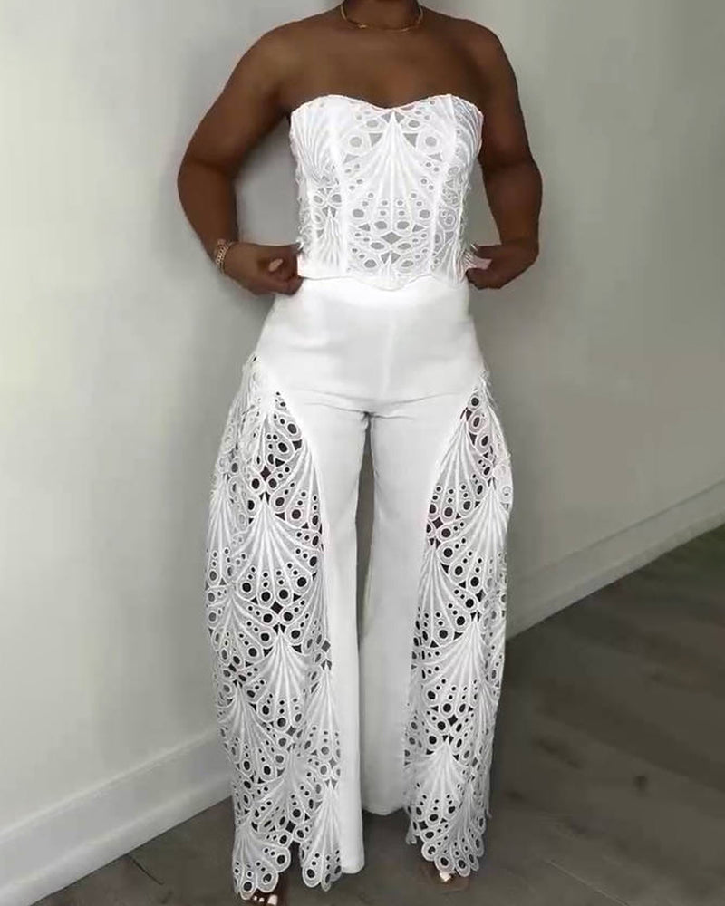 Elegant Strapless Floral Eyelet Cutout Top & Wide Leg Pants Set