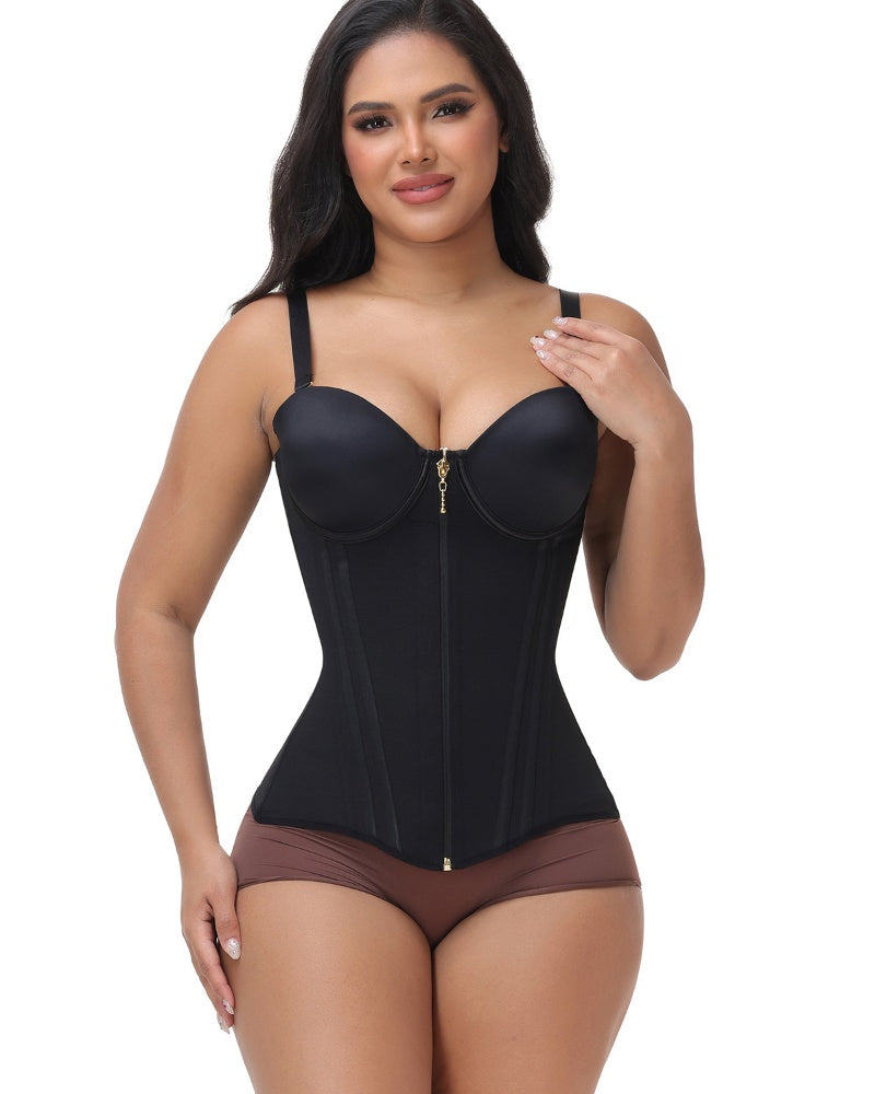 Black Front Zipper Corset Waist Trainer with Adjustable Straps