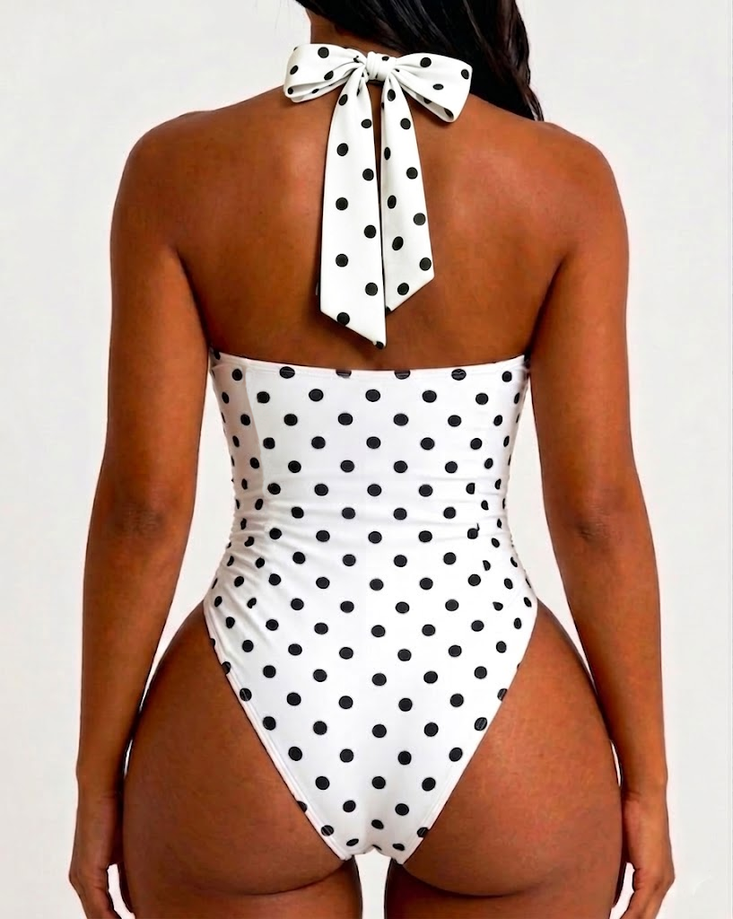 Polka Dot Halter Sweetheart Neck Ruched Back Bow Tie High Leg One-piece Swimsuit