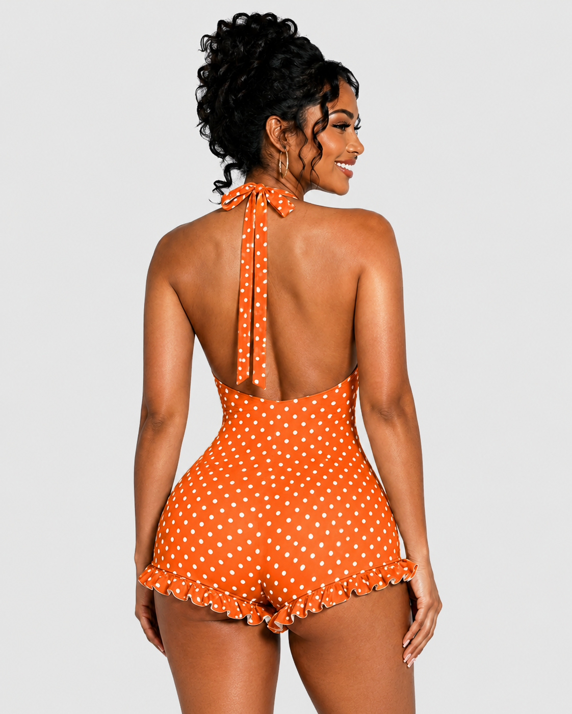 Polka Dot Halter Neck Ruffle Hem Romper