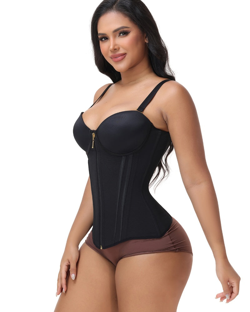 Black Front Zipper Corset Waist Trainer with Adjustable Straps