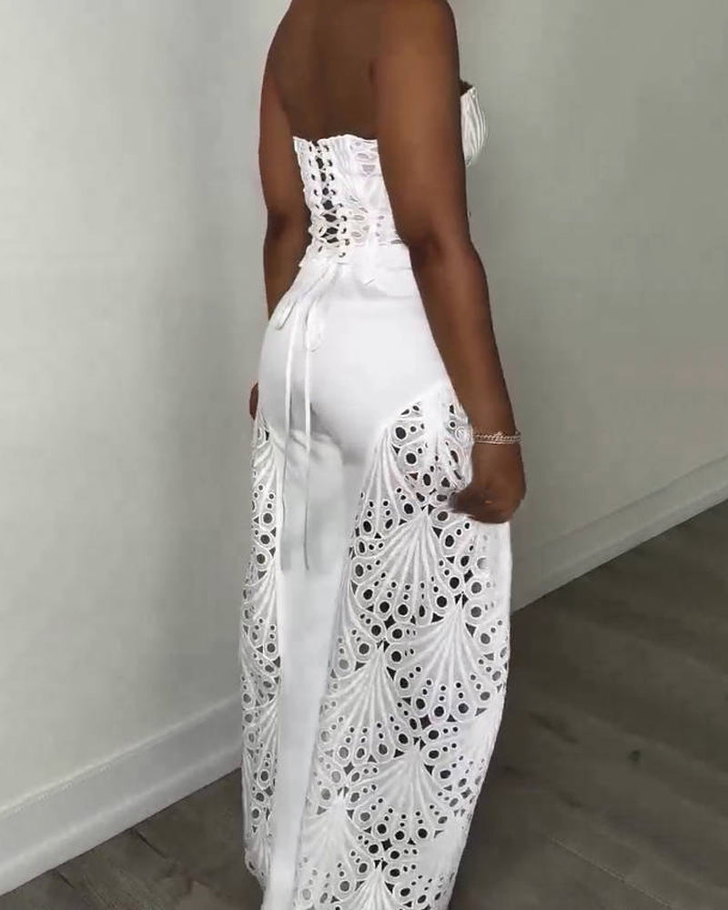 Elegant Strapless Floral Eyelet Cutout Top & Wide Leg Pants Set