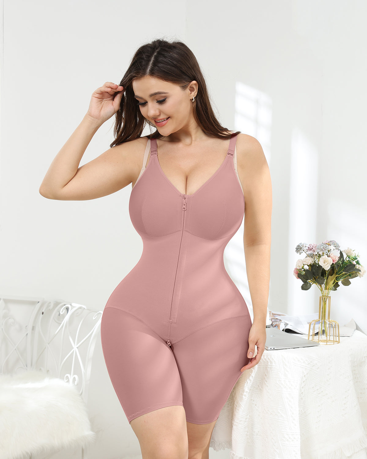 Rosybrown Colored Seamless Full Body Shaper Bodysuits with Zipper and V-Neck