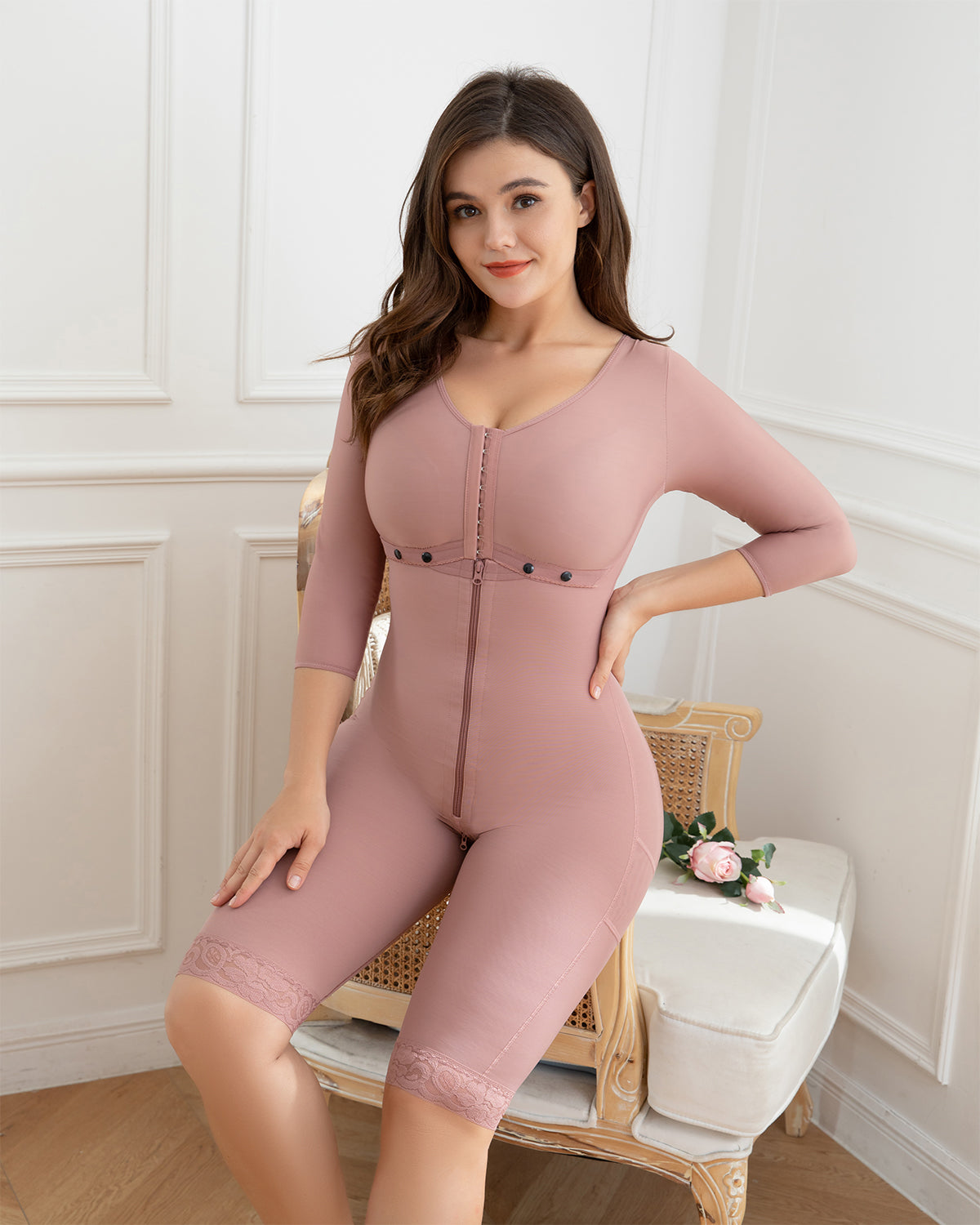 Fajas RosyBrown Hourglass Shapewear para mujer con mangas y sujetador