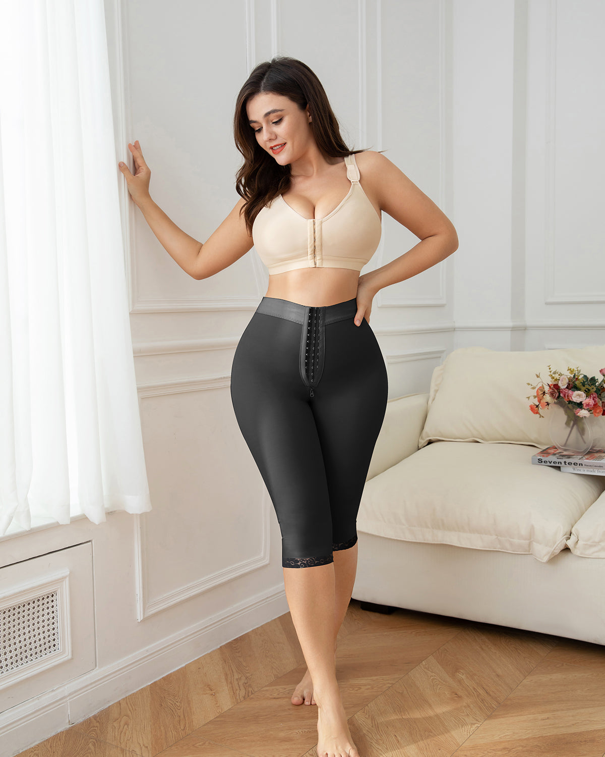 Leggings negros adelgazantes con control de barriga hasta la rodilla para dar forma al muslo