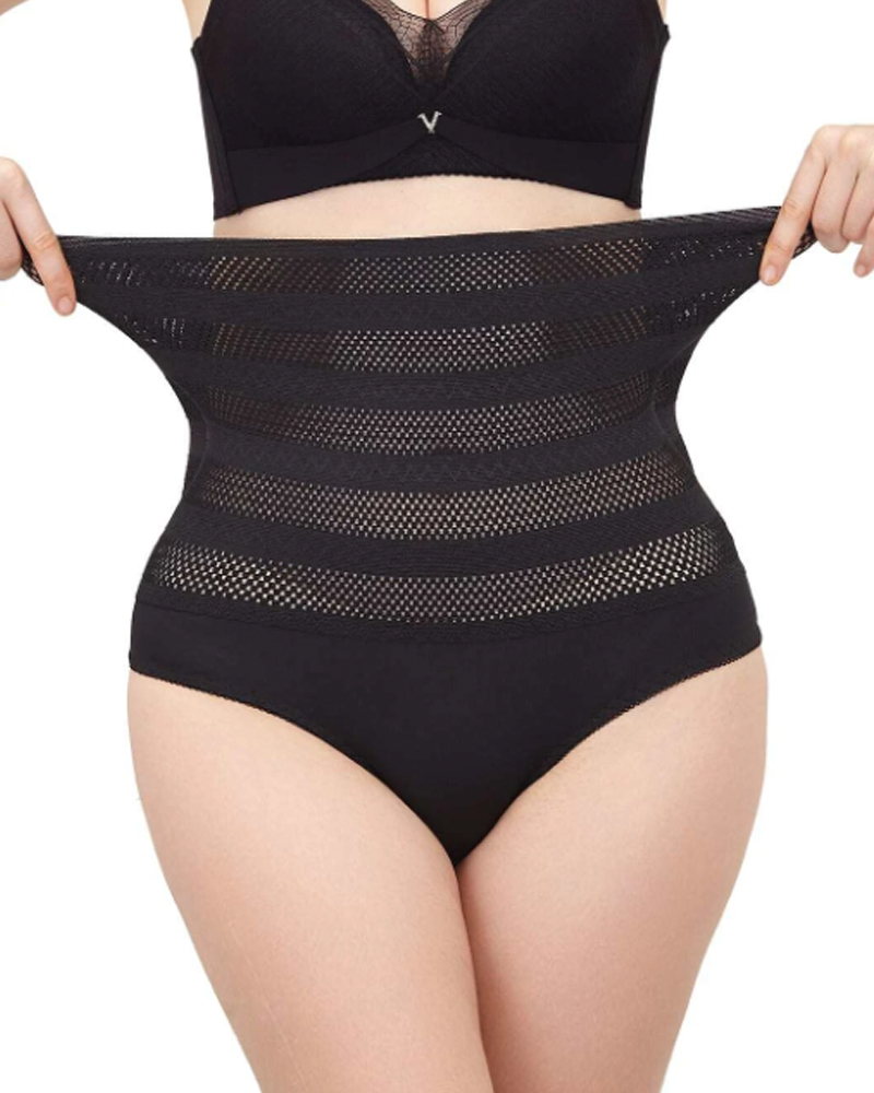 Calzoncillos de malla con control de barriga y estampado de chevrón de talle alto para mujer