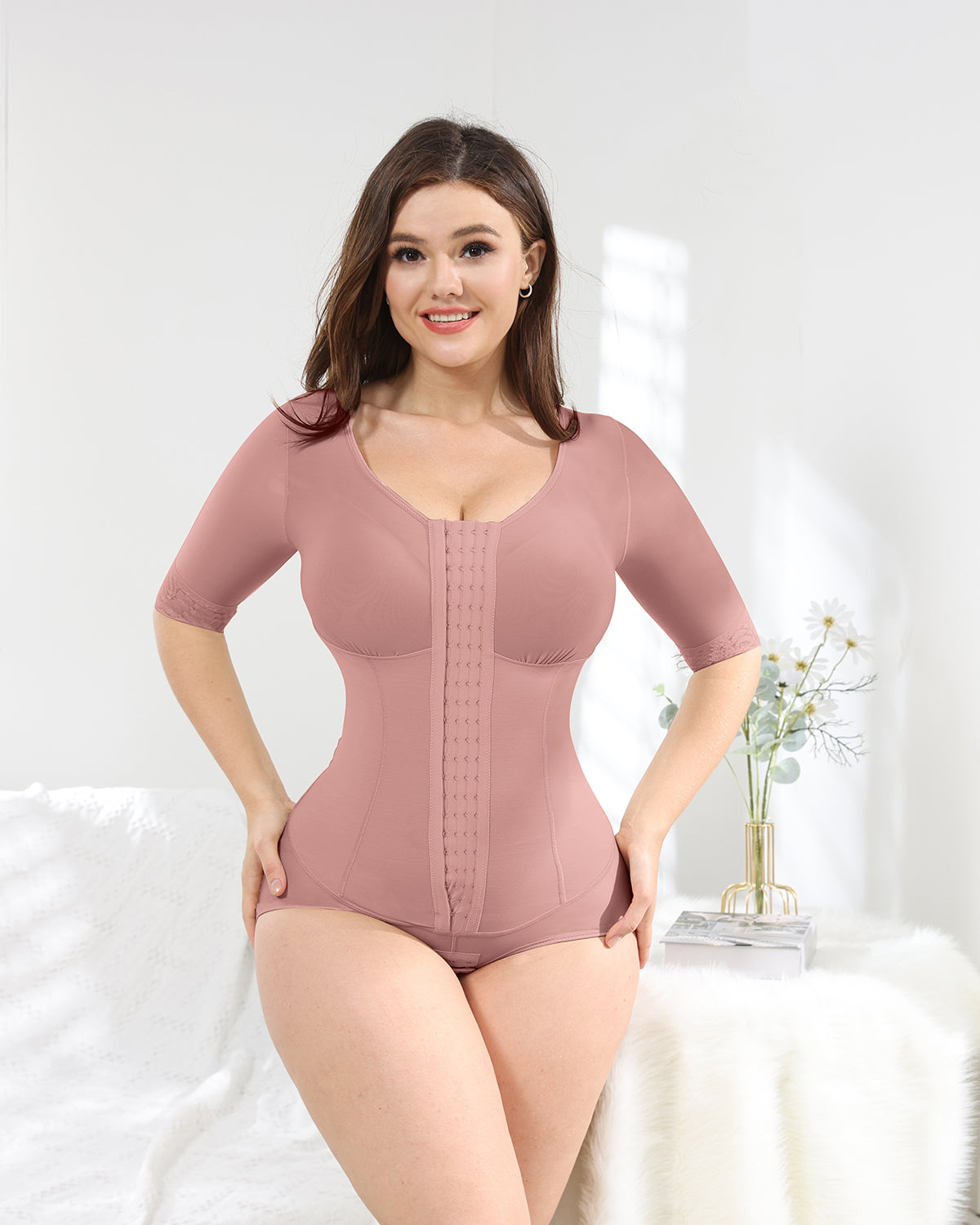 Rosybrown Women's Tummy Control Body Shapewear with Long Sleeve Tops