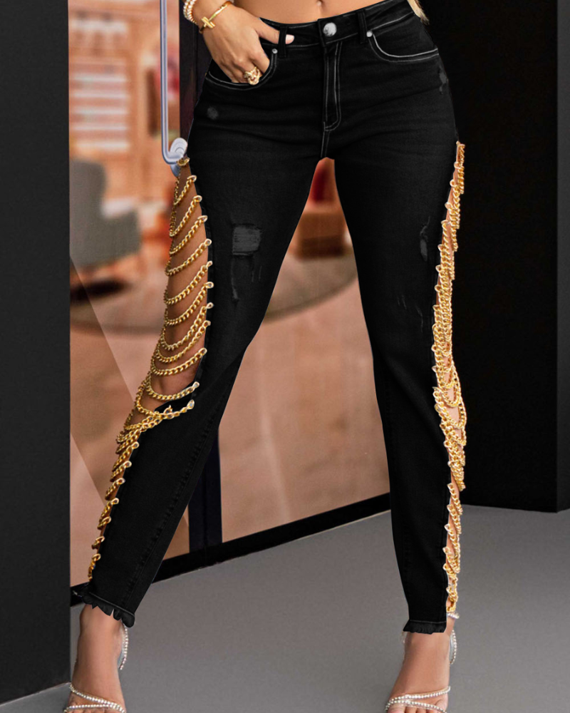 Women's High Rise Denim Jeans Destroyed Trendy Chain Raw