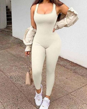 Ribbed Sleeveless Square Neck Solid One Piece Unitard Jumpsuit Bodysuit