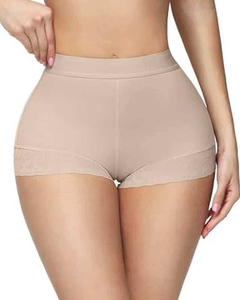 Pantalones cortos moldeadores de cuerpo de encaje con cintura alta para mujer que realzan la cadera y controlan el abdomen