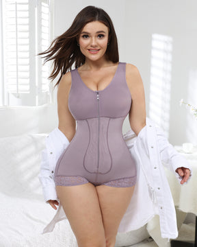 Purple Women Zipper Thong Bodysuits Shapewear