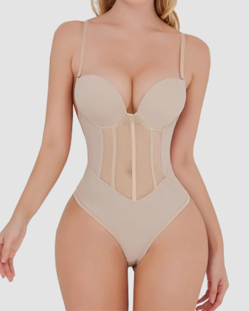 Body sin espalda con corsé de malla transparente con tanga y control de barriga para mujer