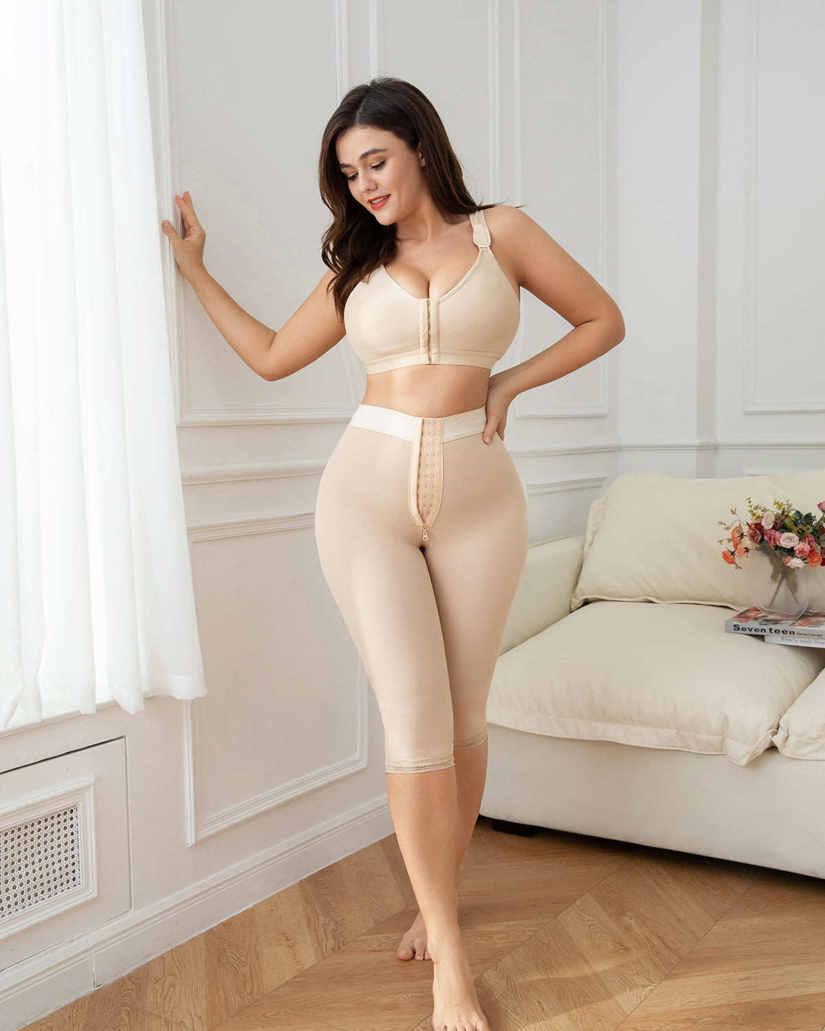 Slimming Tummy Control Panties Knee Length Thigh Shaping Leggings Beige