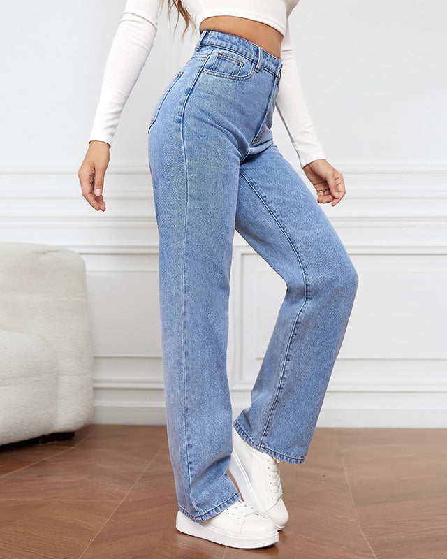 Women's High Waist Zipper Fly Straight Leg Jeans