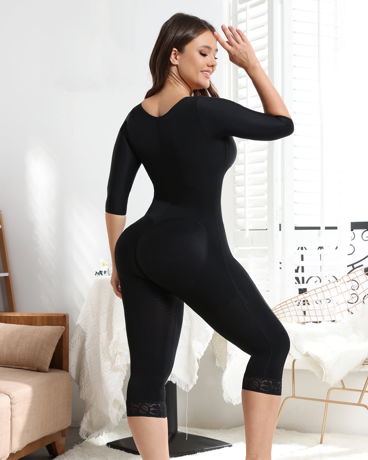 Black Women's Mid-sleeveJumpsuit with Tummy Control Butt Lift Shapewear