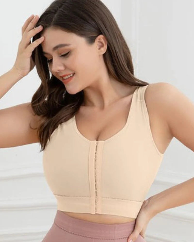 Sujetador deportivo beige con cierre frontal y soporte acolchado sin aros para mujer