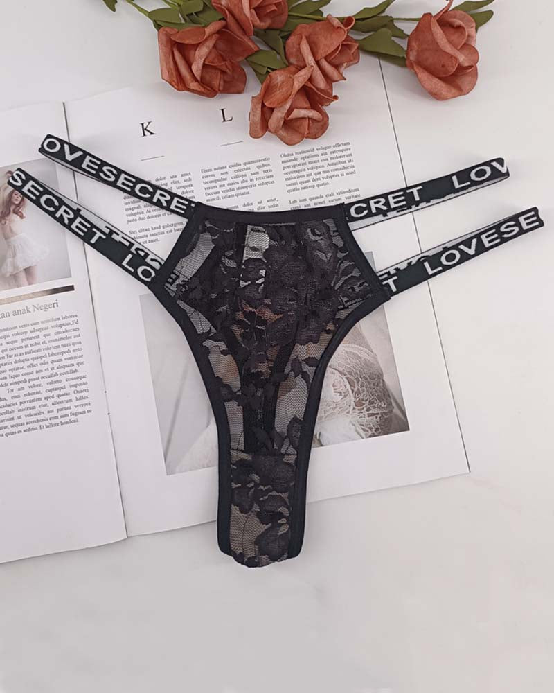 Sexy Floral Lace Lingerie Hollow Out Letter Tape Seamless Thong