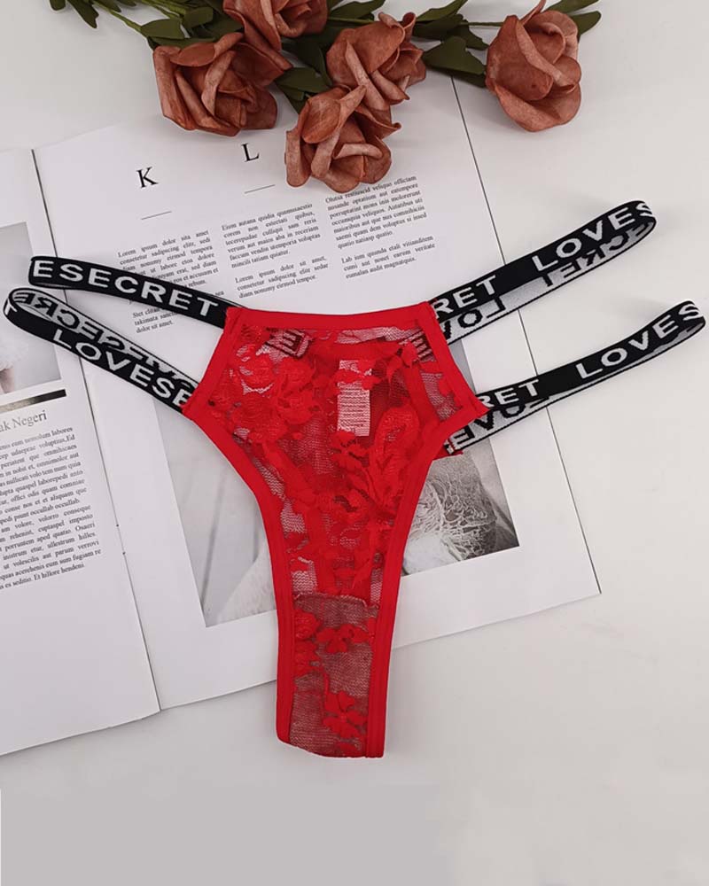 Sexy Floral Lace Lingerie Hollow Out Letter Tape Seamless Thong