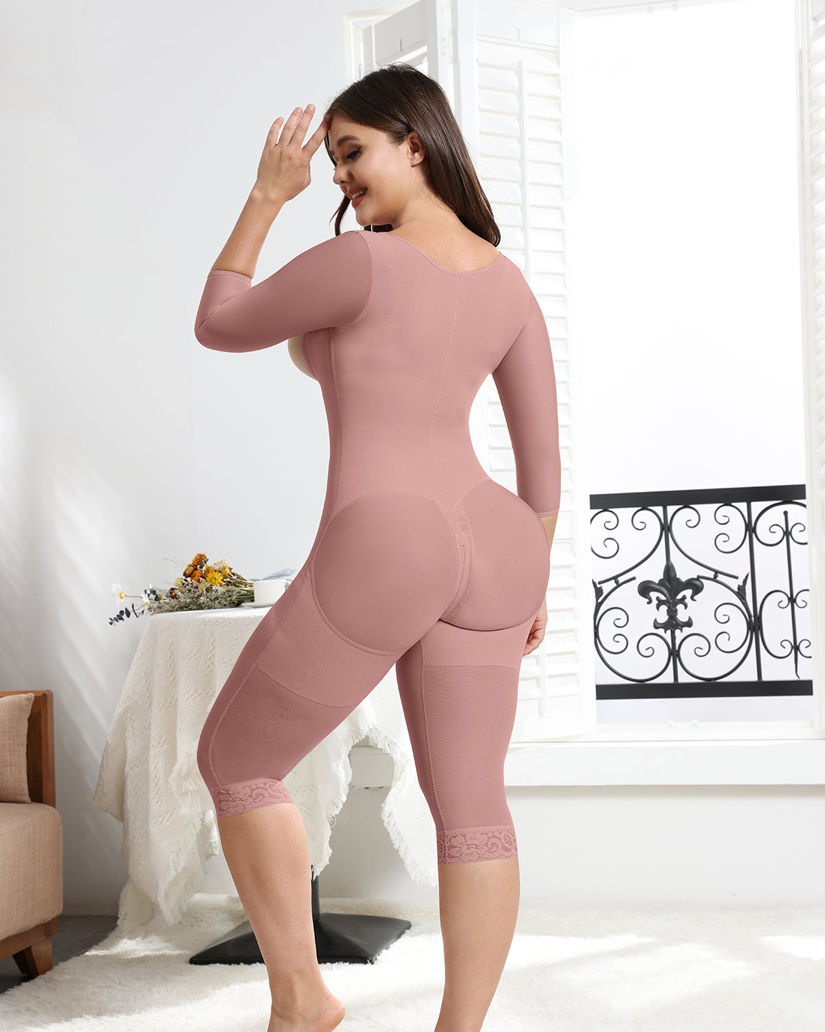 Rosybrown Long Sleeves Open Bust Slimming Firm Full Body Shaper Shapewear