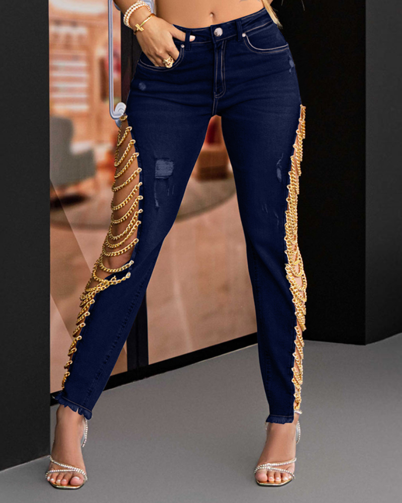 Women's High Rise Denim Jeans Destroyed Trendy Chain Raw