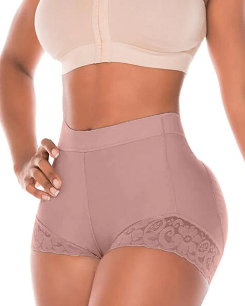 Pantalones cortos moldeadores de cuerpo de encaje con cintura alta para mujer que realzan la cadera y controlan el abdomen