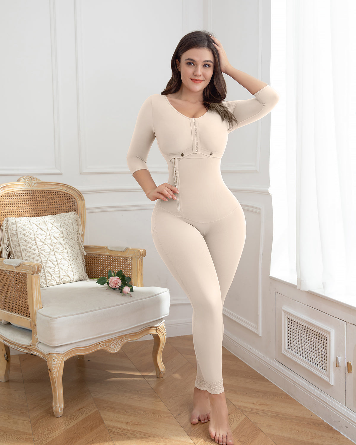 Beige mangas largas busto completo que adelgaza la faja moldeadora de cuerpo completo firme