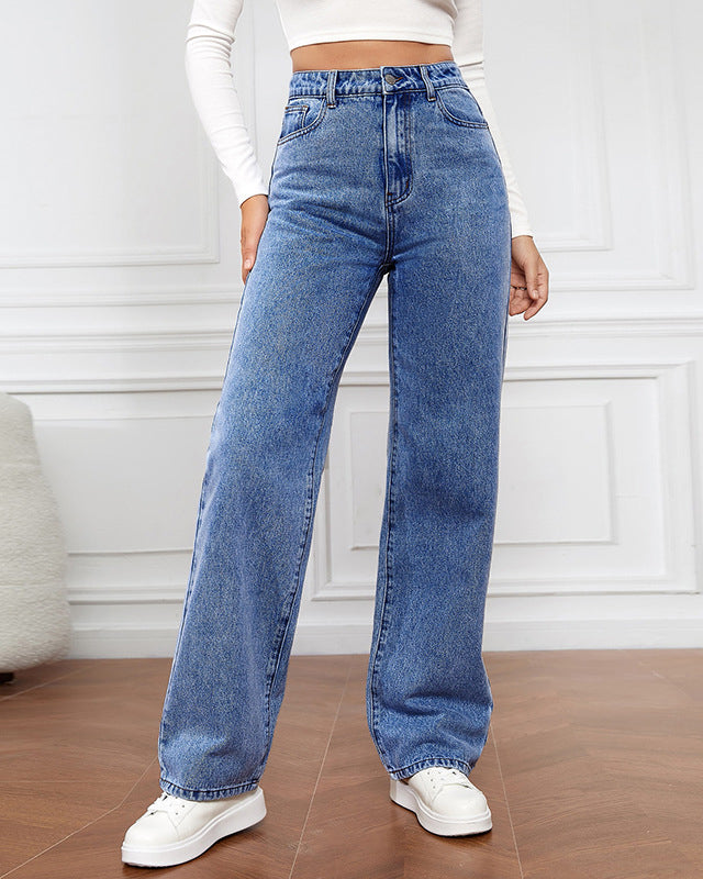 Women's High Waist Zipper Fly Straight Leg Jeans