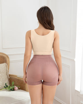 Sujetador deportivo beige con cierre frontal y soporte acolchado sin aros para mujer