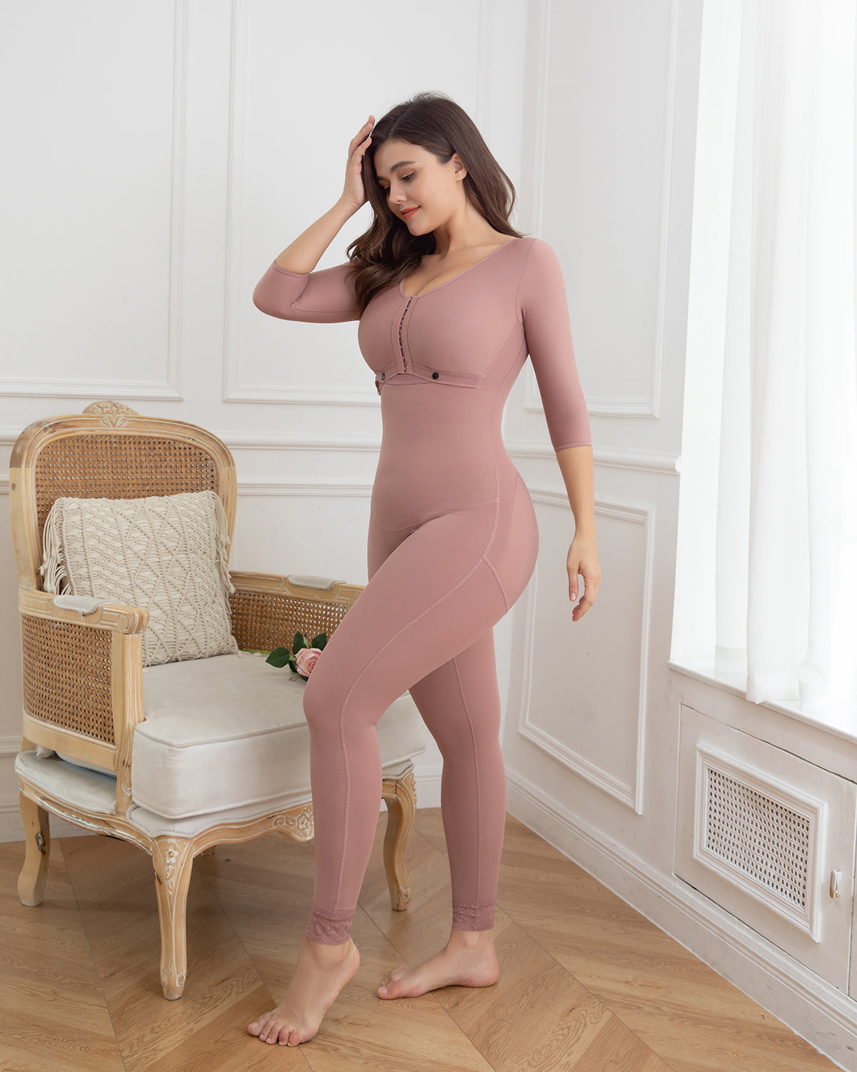 Rosybrown Long Sleeves Full Bust Slimming Firm Full Body Shaper Shapewear