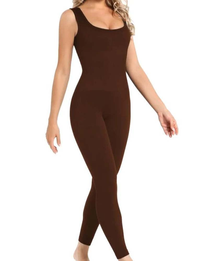 Ribbed Sleeveless Square Neck Solid One Piece Unitard Jumpsuit Bodysuit