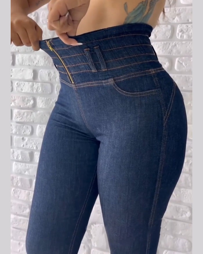 High Waisted Front Zipper Stretchy Jeans